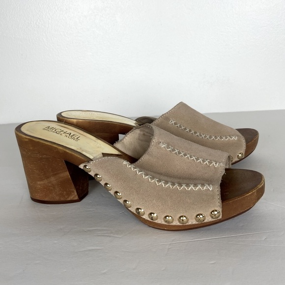 Michael Kors Y2K Wool Studded Block Heels Sandals Size 9.5 M Beige Suede Retro - Picture 1 of 11